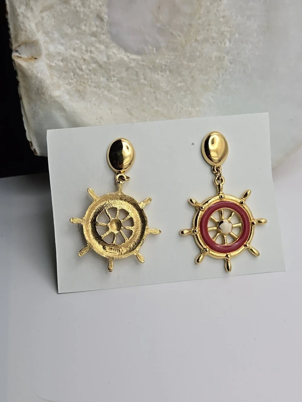 Avon Gold & Red Nautical Ship Wheel Earrings Vintage Style